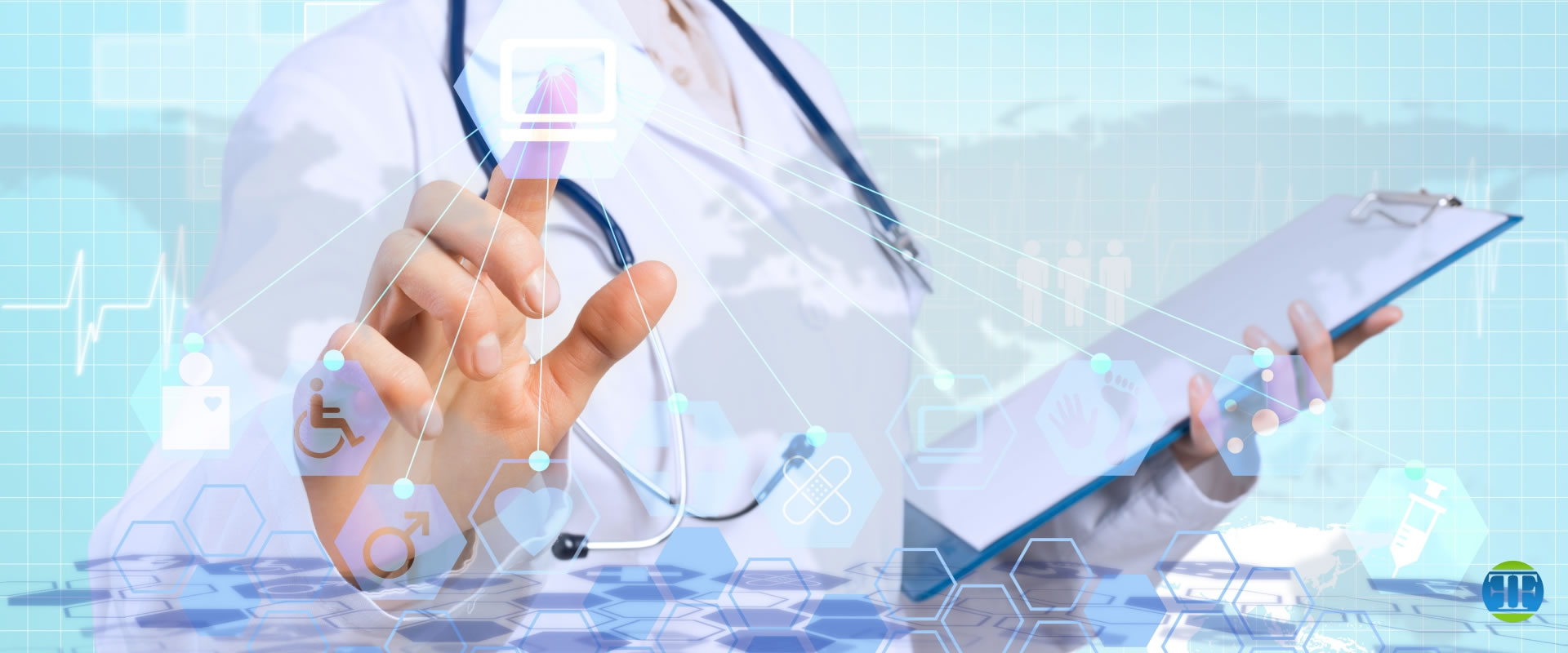 Immagine di settore con professionista sanitario, documentazione e riferimenti alla tecnologia